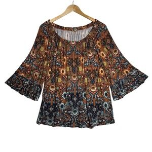 Democracy Boho Floral‎ Peasant Top Womens Size Medium Brown Bell Sleeve Fall